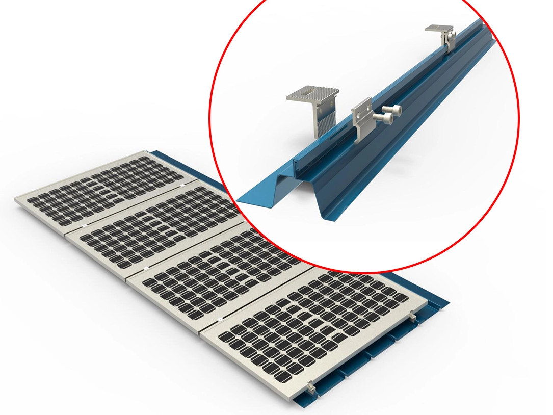 Aplicação de grampos de costura em pé na montagem do telhado solar